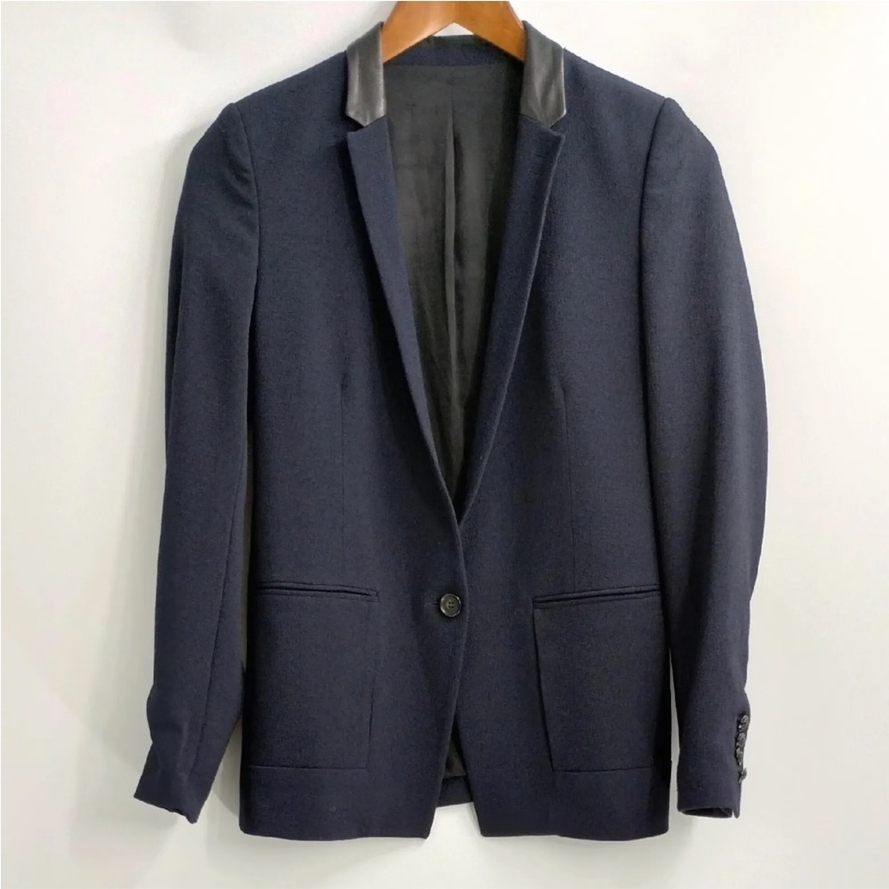 The Kooples Women's Blazer Jacket Navy Leather Collar Lined Size 34 or XS